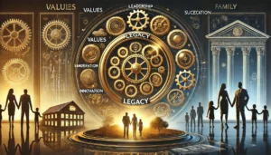 DALL·E 2025 02 18 12.51.40 A visually striking Legacy Wheel symbolizing continuity and strength in family businesses. The wheel is divided into key elements like Values Le blog